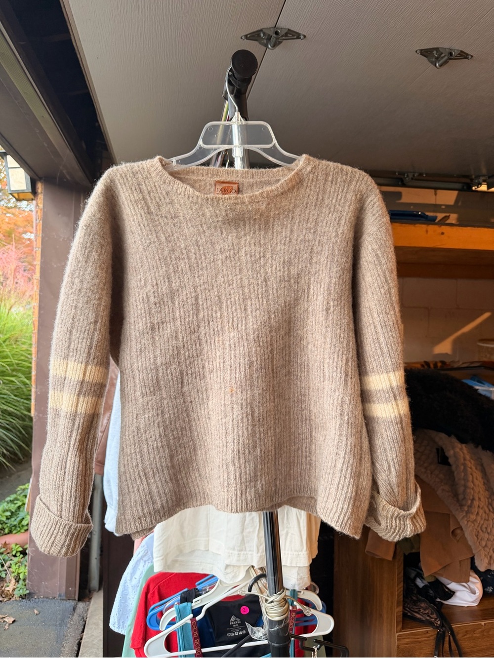 Cozy Taupe Crewneck Sweater with Cream Sleeve Stripes